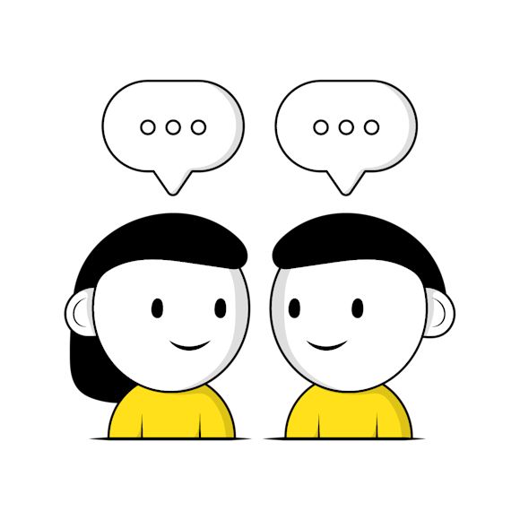 Simple cartoon illustration of two smiling figures in yellow shirts with speech bubbles containing ellipses above their heads