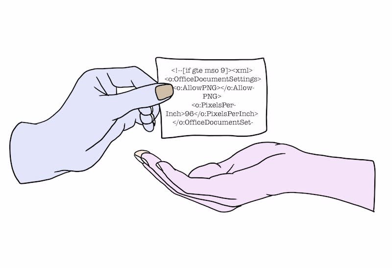 Two illustrated hands exchanging a document containing XML code, one hand blue-tinted giving and one pink-tinted receiving