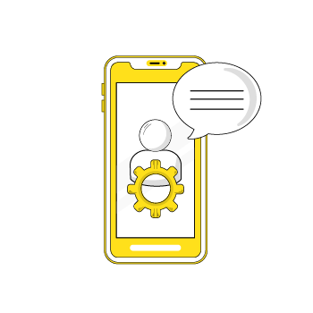 contact us emails - Yellow smartphone displaying user profile icon with gear symbol and speech bubble