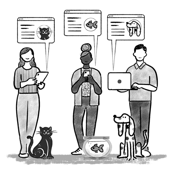 3 people on devices on personalized landing pages