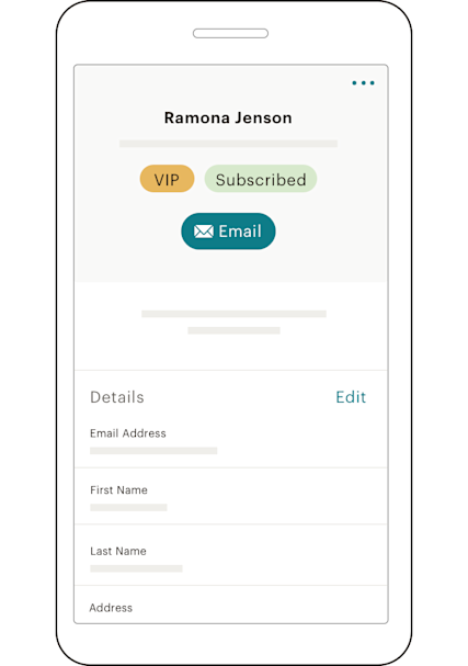 A mobile view of the Mailchimp App displaying a contact profile for Ramona Jenson