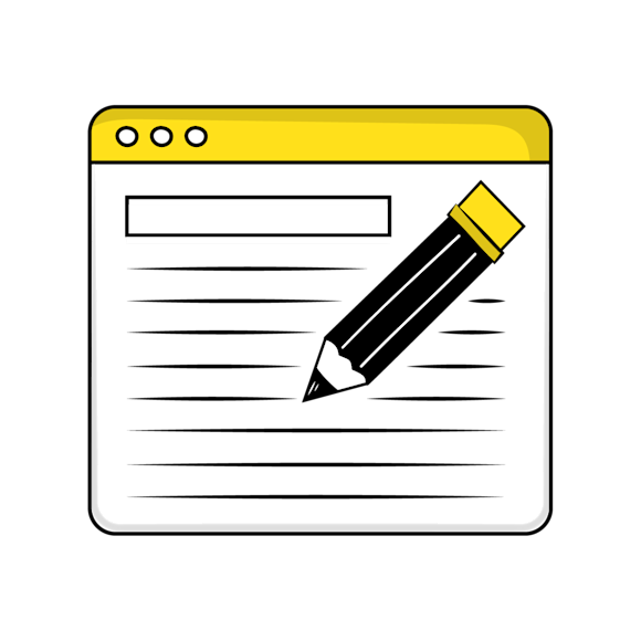 write engaging content concept - Illustration of a browser window with lined text area and black pencil with yellow cap, representing content editing or writing