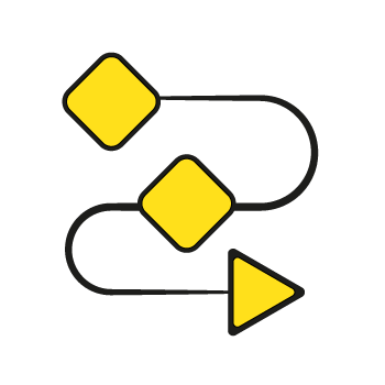 CMS platforms- Simple line drawing of yellow geometric shapes connected by curved black lines