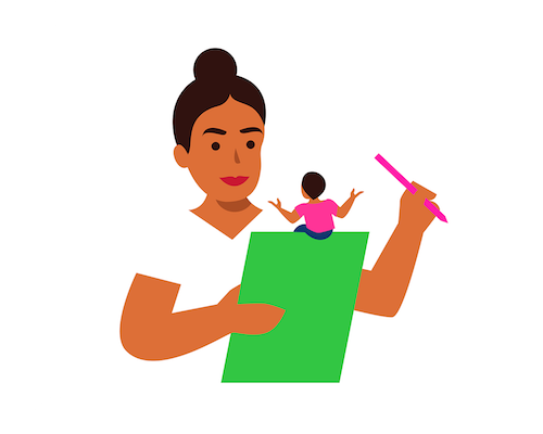 Illustration of a woman with hair in a bun holding a green clipboard and pink pen, with a small figure sitting on top of the clipboard