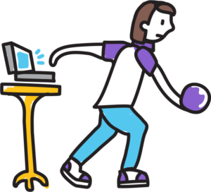 Cartoon figure in blue pants bowling a purple ball while checking a computer screen on a yellow stand