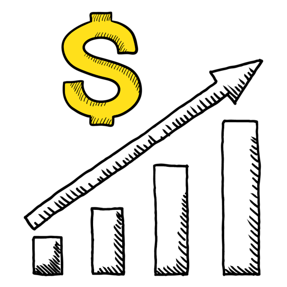 Graphic of a bar chart with an upwards arrow and dollar sign on top