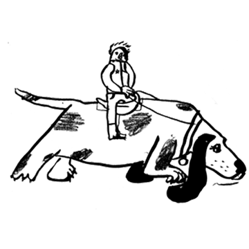 Small person riding large dog that is tracking a scent.