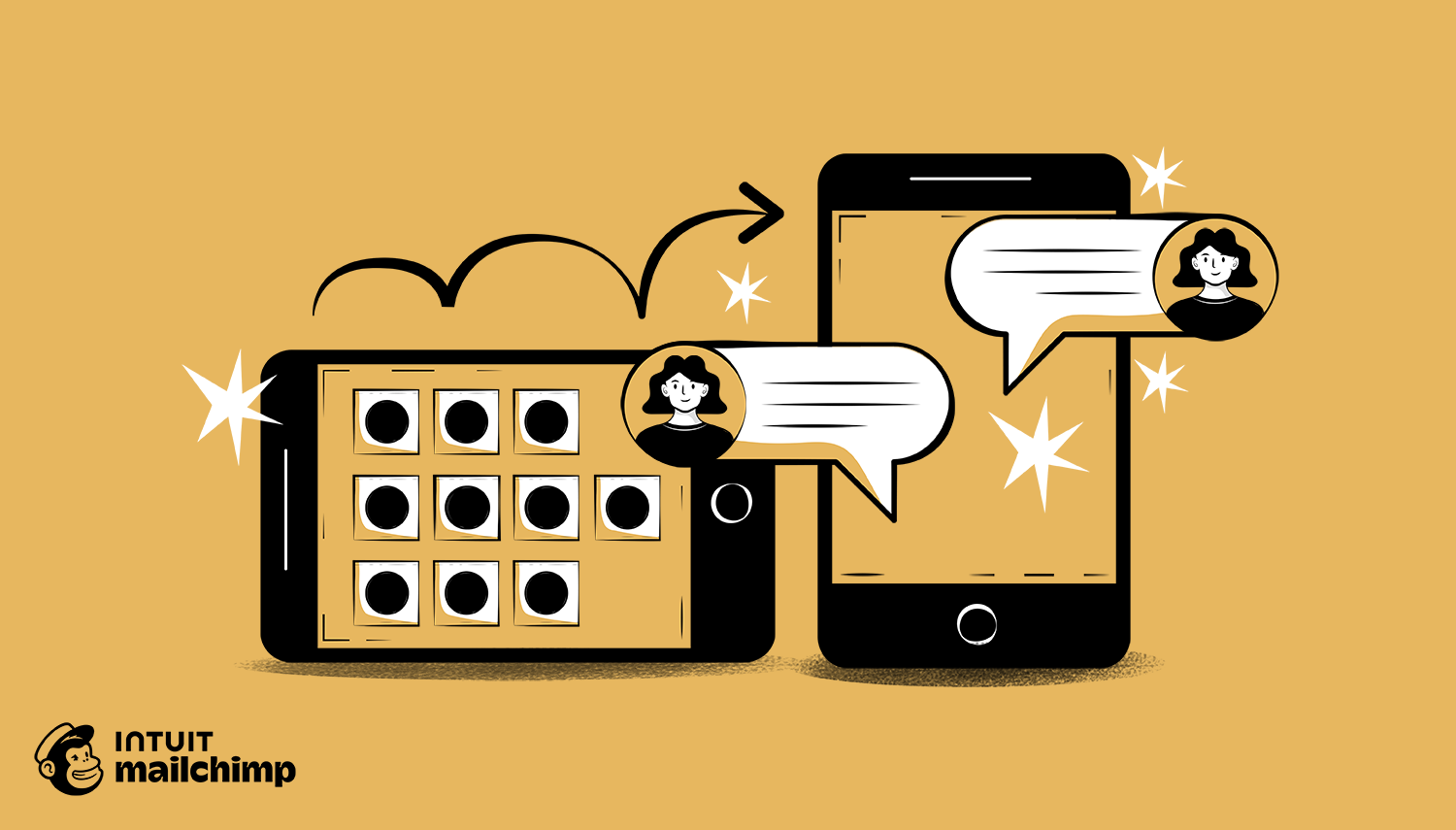 Illustration of two mobile devices with chat bubbles and user avatars, showing a conversation interface on an orange background with Mailchimp logo