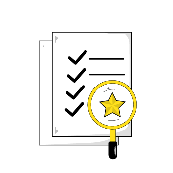 set kpis - Simple line drawing showing a paper with checkmarks and a star icons inside a magnifying glass