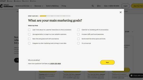 Screenshot of Mailchimp’s guided plan selector