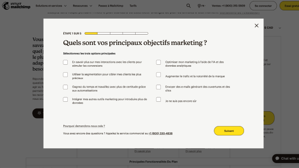 Capture d'écran du sélecteur de plan guidé de Mailchimp