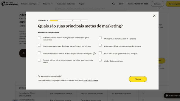 Captura de tela do seletor de plano guiado do Mailchimp
