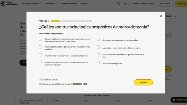 Captura de pantalla del selector de planes guiado de Mailchimp