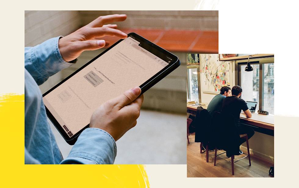 Photograph of 2 men sitting at a desk looking at a computer next to a photograph of hands holding an iPad and filling out a typeform