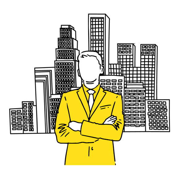 man crossing arms in front of city skyline