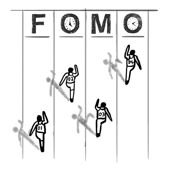People racing on a track that says “FOMO” at the finish line