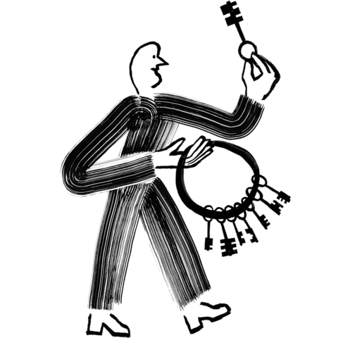 A person holding a keyring of keys and a single key in the other hand.