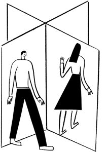 An illustration of two people in doorways.
