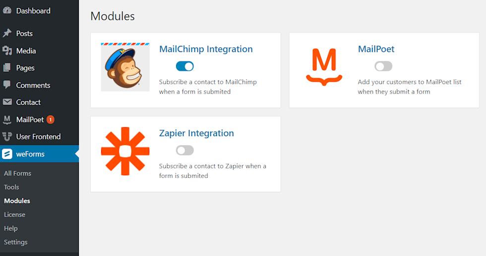 Screenshot of the weForms integration