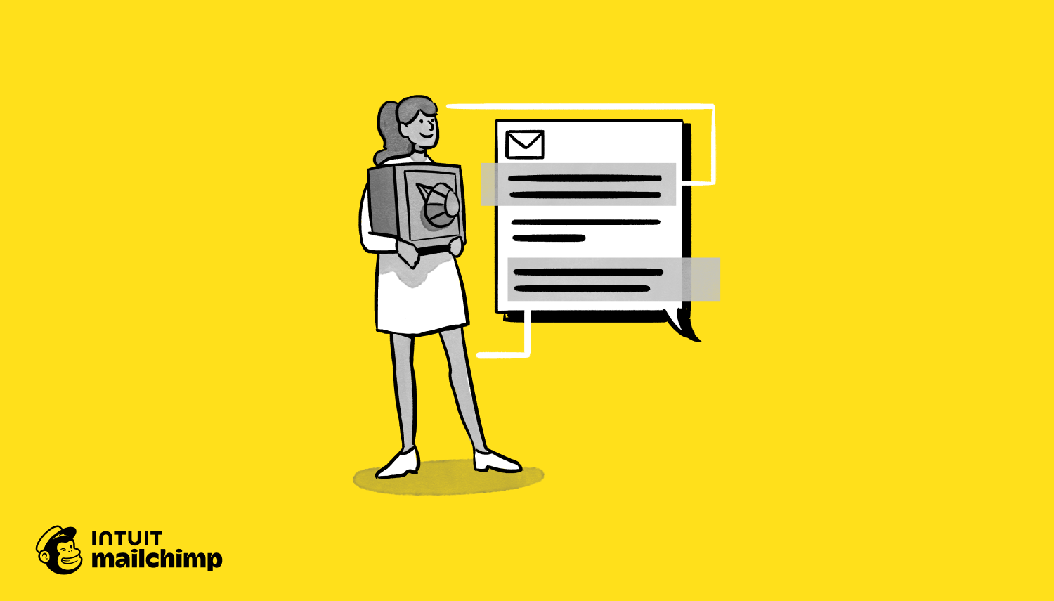 Illustration of figure wearing backpack standing next to large email message icon on yellow background, with Mailchimp logo below
