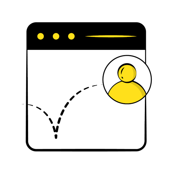 impacts bounce rate - Simple line drawing of a yellow user profile icon with three dots and a line at the top of a white rectangular frame