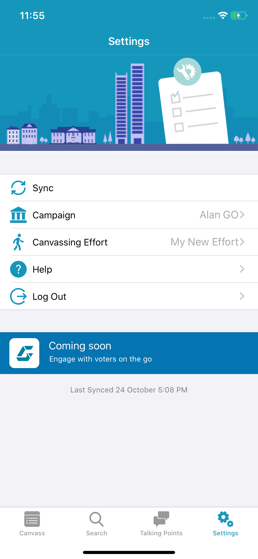 Screenshot of Ecanvasser mobile app, showing settings screen.