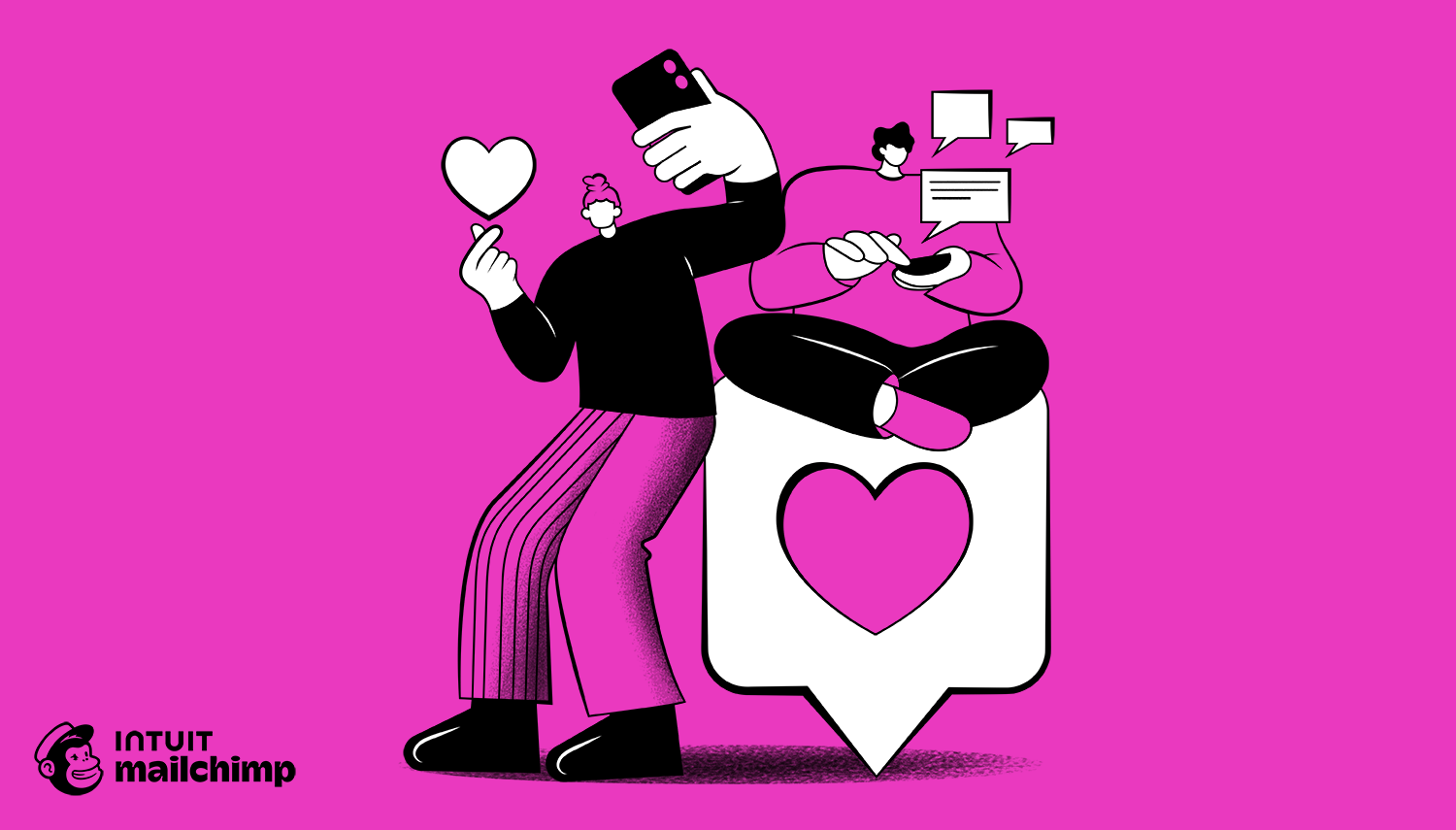 Illustration of person taking selfie with phones, holding heart icon, against pink background with social media chat bubbles and Mailchimp logo