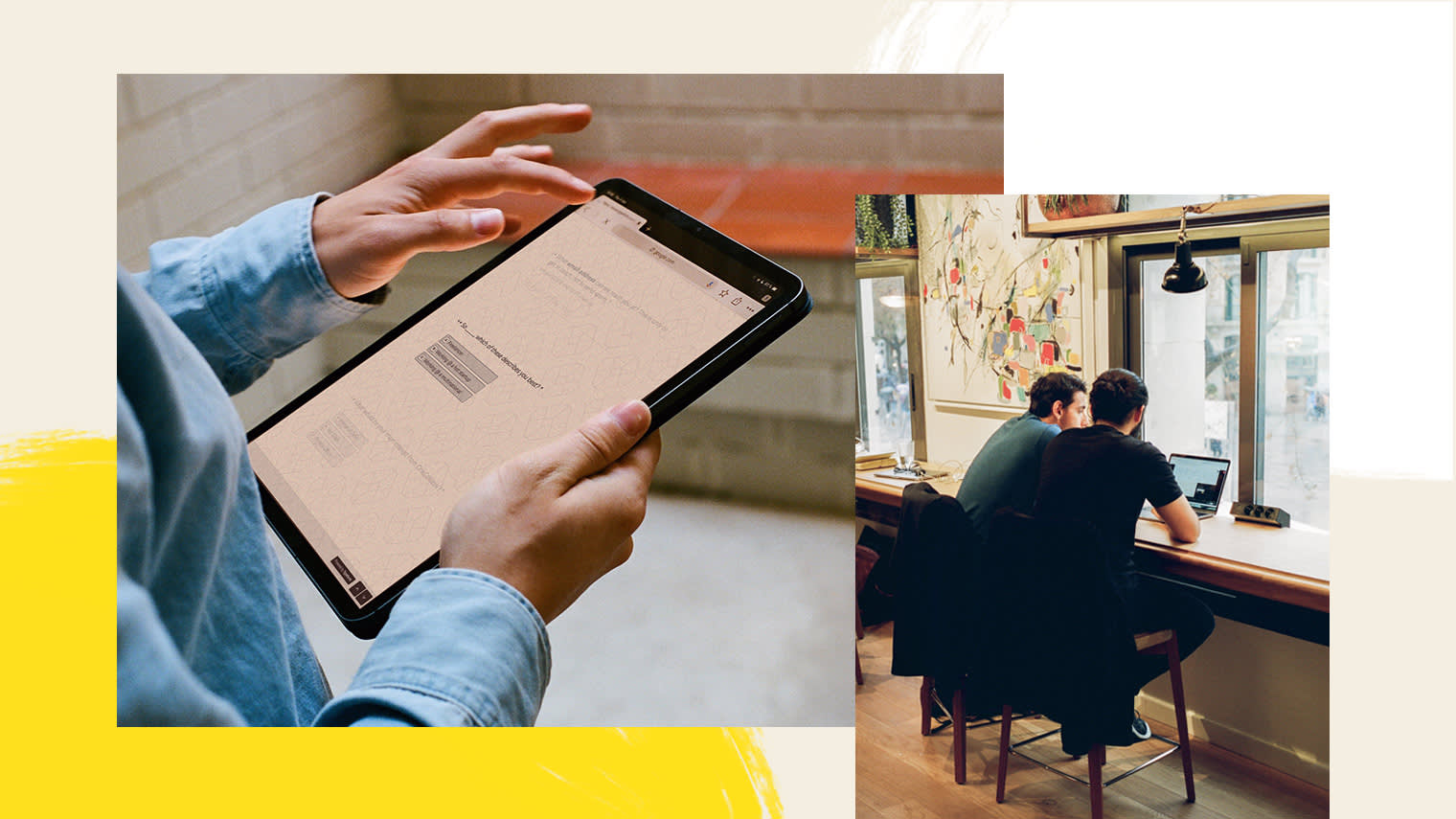 Photograph of hands holding an iPad and filling out a typeform next to a photograph of 2 men sitting at a desk looking at a computer
