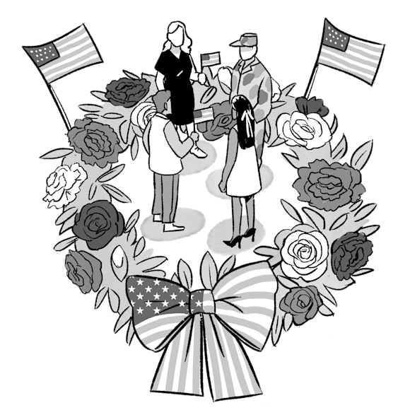 People surrounded by wreath with American flags