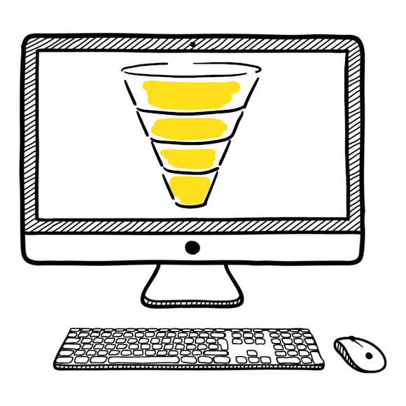Illustration of desktop computer with a funnel