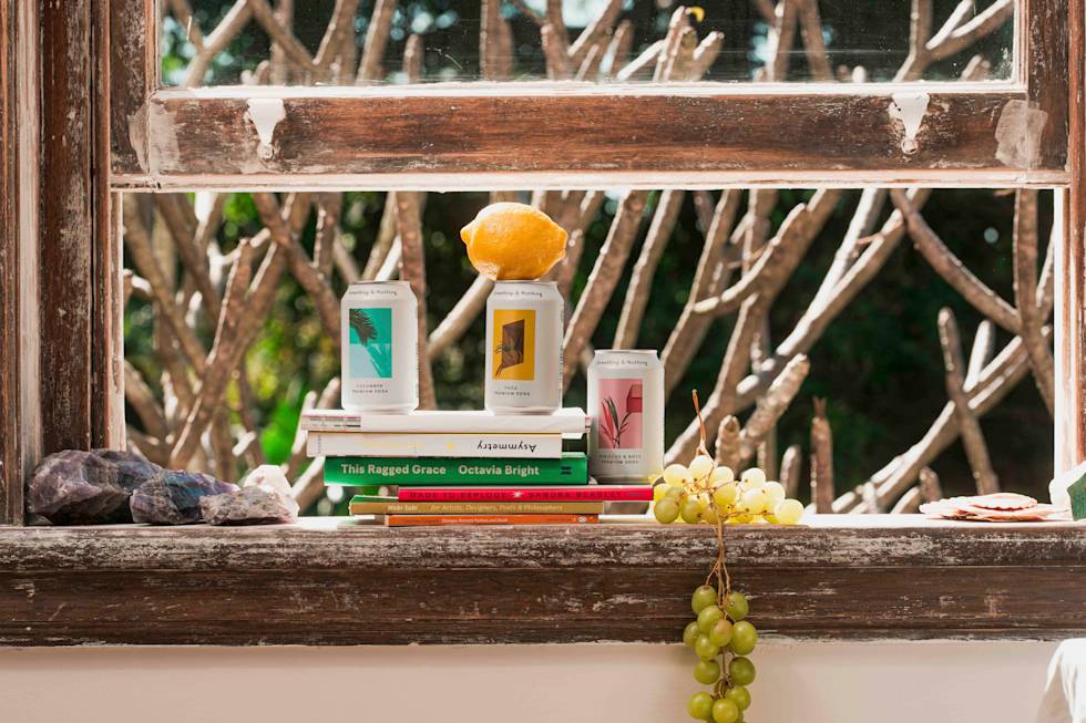 Rustic windowsill with stacked books, Something & Nothing beverage cans, crystals, fresh lemon and green grapes against a backdrop of bare tree branches