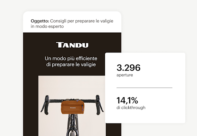 Un’email di marketing di esempio mostrata accanto alle statistiche di apertura e di clic di Mailchimp.