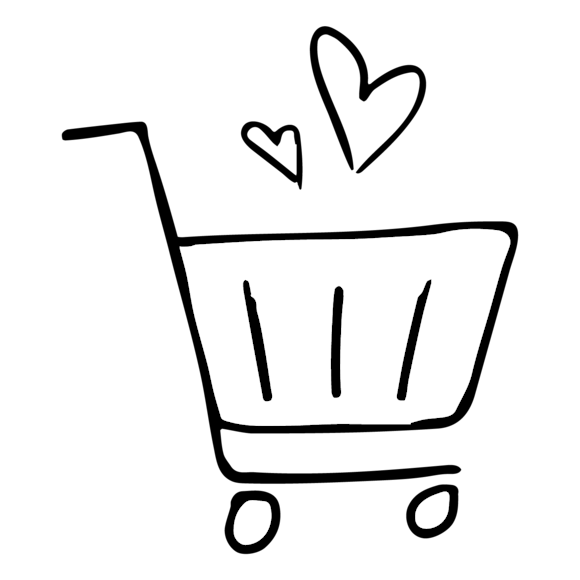 Simple hand-drawn shopping cart icon with two heart symbols floating above it in black line art style