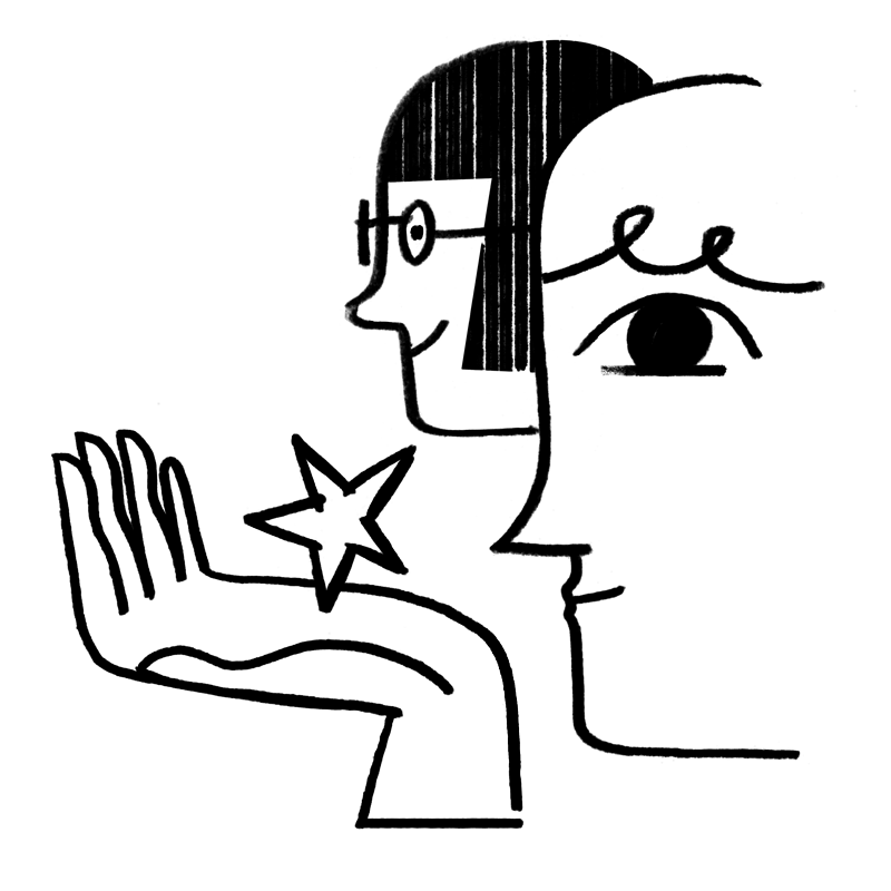 Illustration of two faces holding stars in their hands.