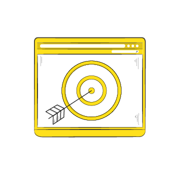 ad networks - Simple yellow line icons showing a browser window, cursor target, and arrow 
