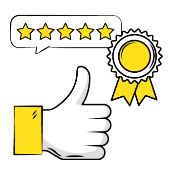 happy customers - illustration of a thumbs up, award ribbon, and 5-star feedback