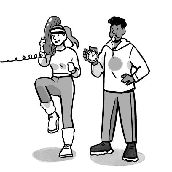 Person working out while on the phone, next to a coach