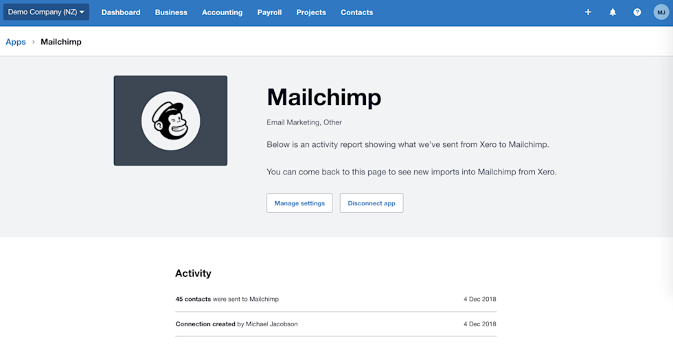 Image showing the interface of Xero for Mailchimp