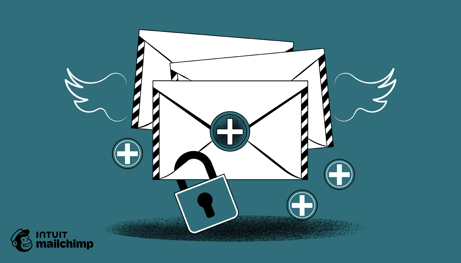 HIPAA Conmpliant Email - Illustration of white envelopes with plus icons and a padlock, representing secure email features, on a teal background with Mailchimp logo