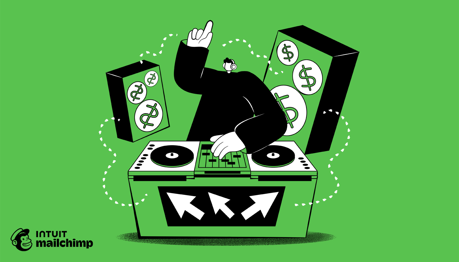 illustration of a DJ spinning tracks with speakers that have dollar symbols on them
