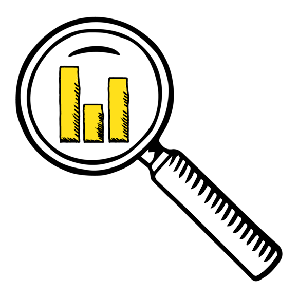 Graphic of a magnifying glass looking at a bar chart