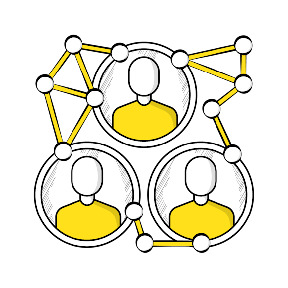 great brand slogan - Abstract network diagram showing three interconnected stick figures in yellow circles, linked by white nodes and yellow connecting lines