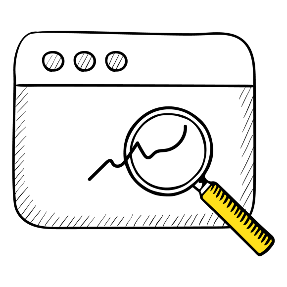 Simple line drawing of a magnifying glass with yellow handle examining a wavy line against white background