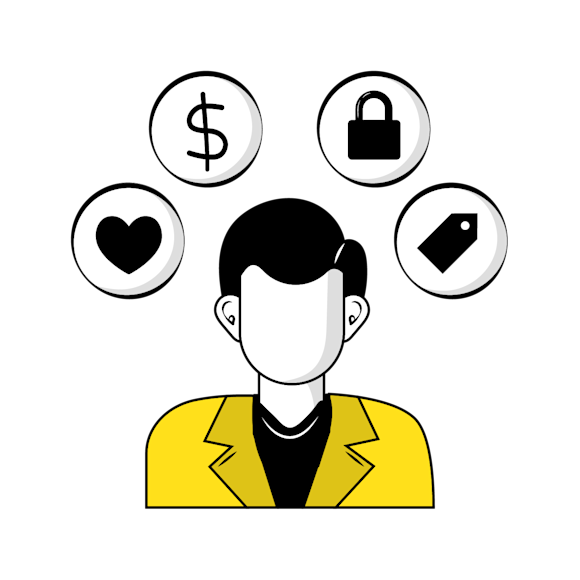 build brand trust - Illustration of a person in yellow jacket with icons showing dollar sign, heart, lock, and price tag floating above their head