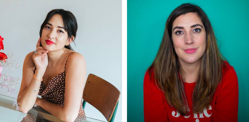 Side-by-side portraits: Left shows person in polka dot dress against white background, right shows person in red sweater against turquoise wall