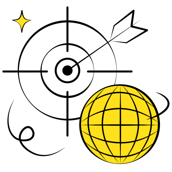 geotargeting benefits - Simple line drawing of a yellow globe with curved lines and a small star shape in the background