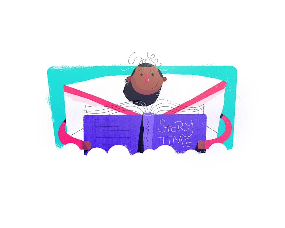 Smiling child with curly hair peeks over an open purple book labeled "Story Time" against a turquoise background