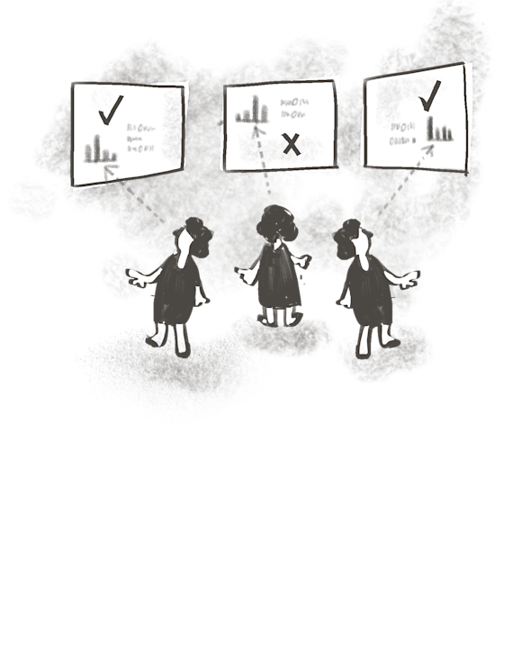 three people looking at different versions of a web design