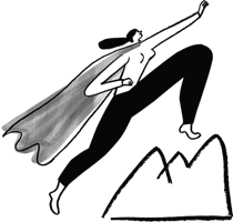 Illustration of superhero woman climbing mountain