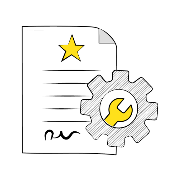 terms of use on your website - illustration of a paper with a star and a screw gear with a wrench